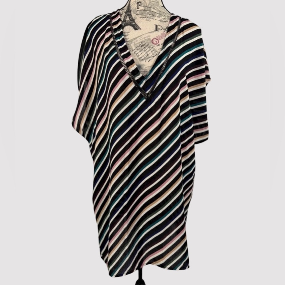 Kona Sol Multicolor Diagonal Stripe Swim Cover‑Up — Size M / V‑Neck, Beach Tunic